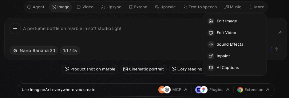 Home page prompt box with the Image tab selected and the More menu open, listing Edit Image, Edit Video, Sound Effects, Inpaint, and AI Captions