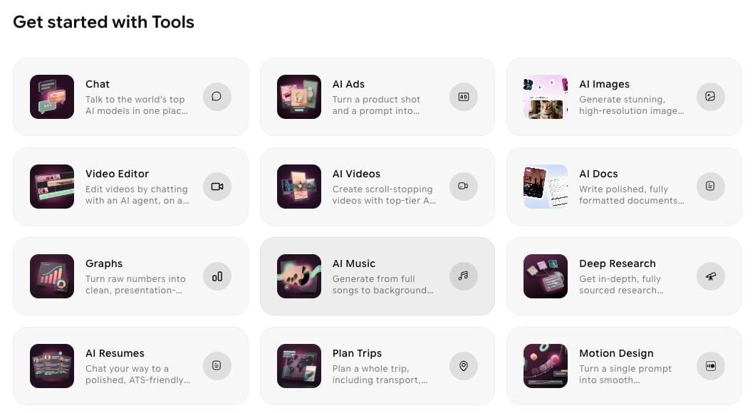 Get started with Tools section showing cards for Chat, AI Ads, AI Images, Video Editor, AI Videos, AI Docs, Graphs, AI Music, Deep Research, AI Resumes, Plan Trips, and Motion Design