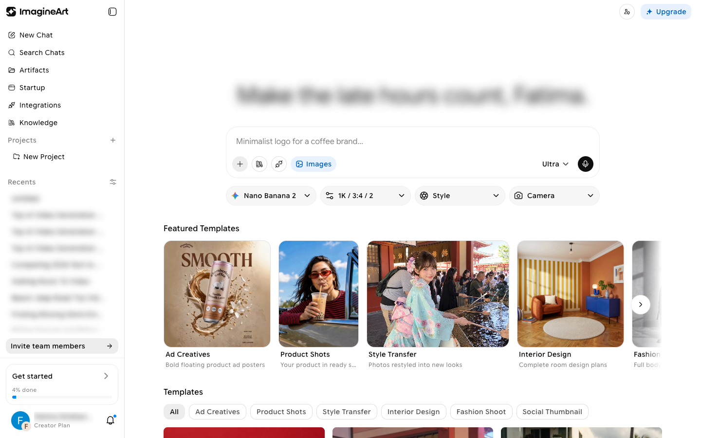 AI Images home with the Images prompt box, Nano Banana 2 model, 1K / 3:4 / 2 settings, Style, and Camera dropdowns, Featured Templates, and Templates category filters