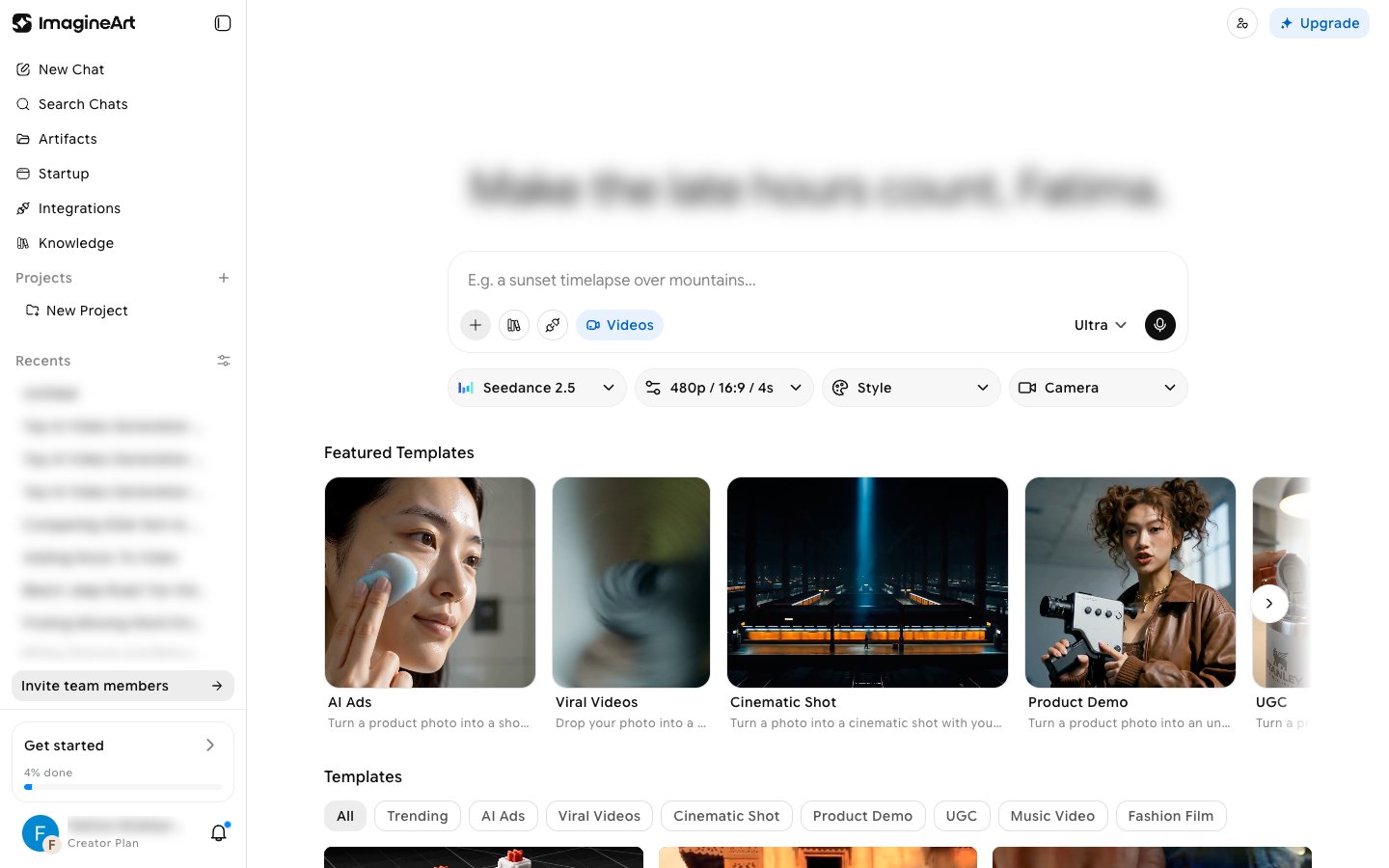 AI Videos home with the Videos prompt box, Seedance 2.5 model, 480p / 16:9 / 4s settings, Style and Camera dropdowns, Featured Templates, and Templates category filters