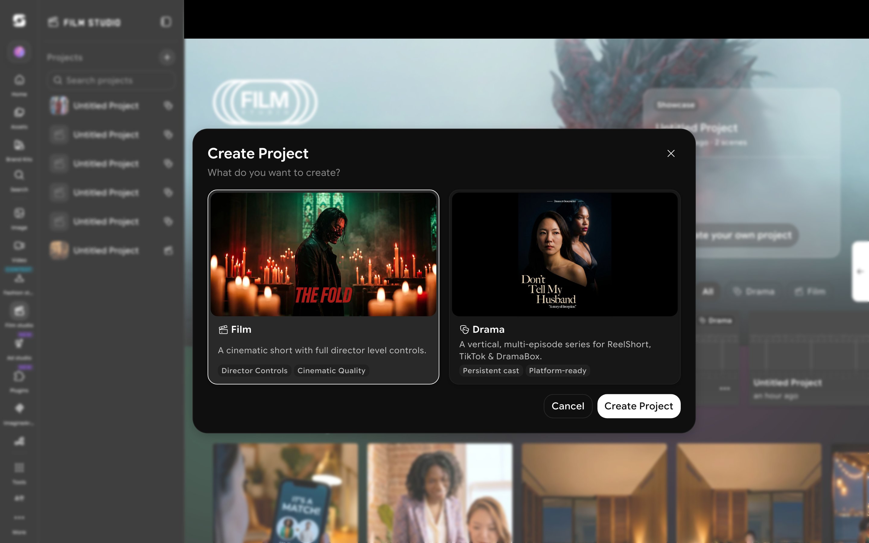 What do you want to create dialog with Film and Drama project type cards