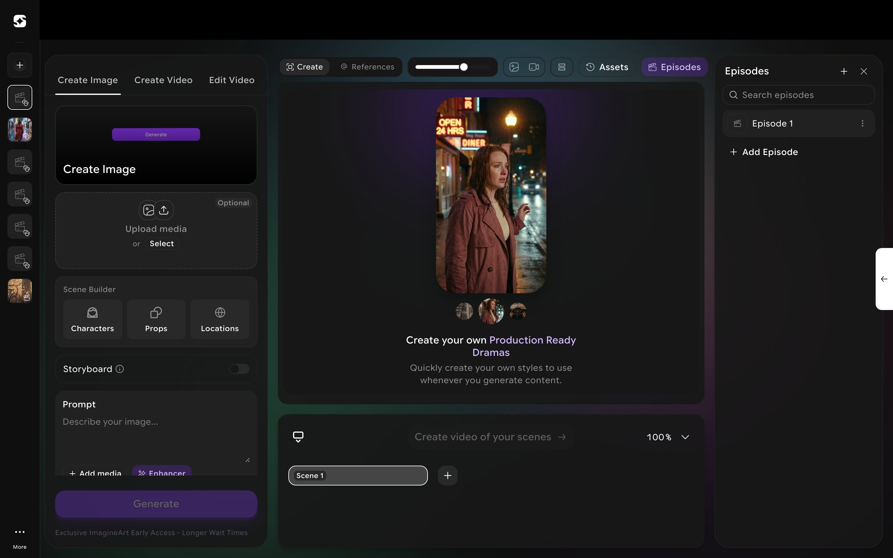 Drama Studio editor showing Create Image/Video/Edit tabs, Scene Builder, and the Episodes panel