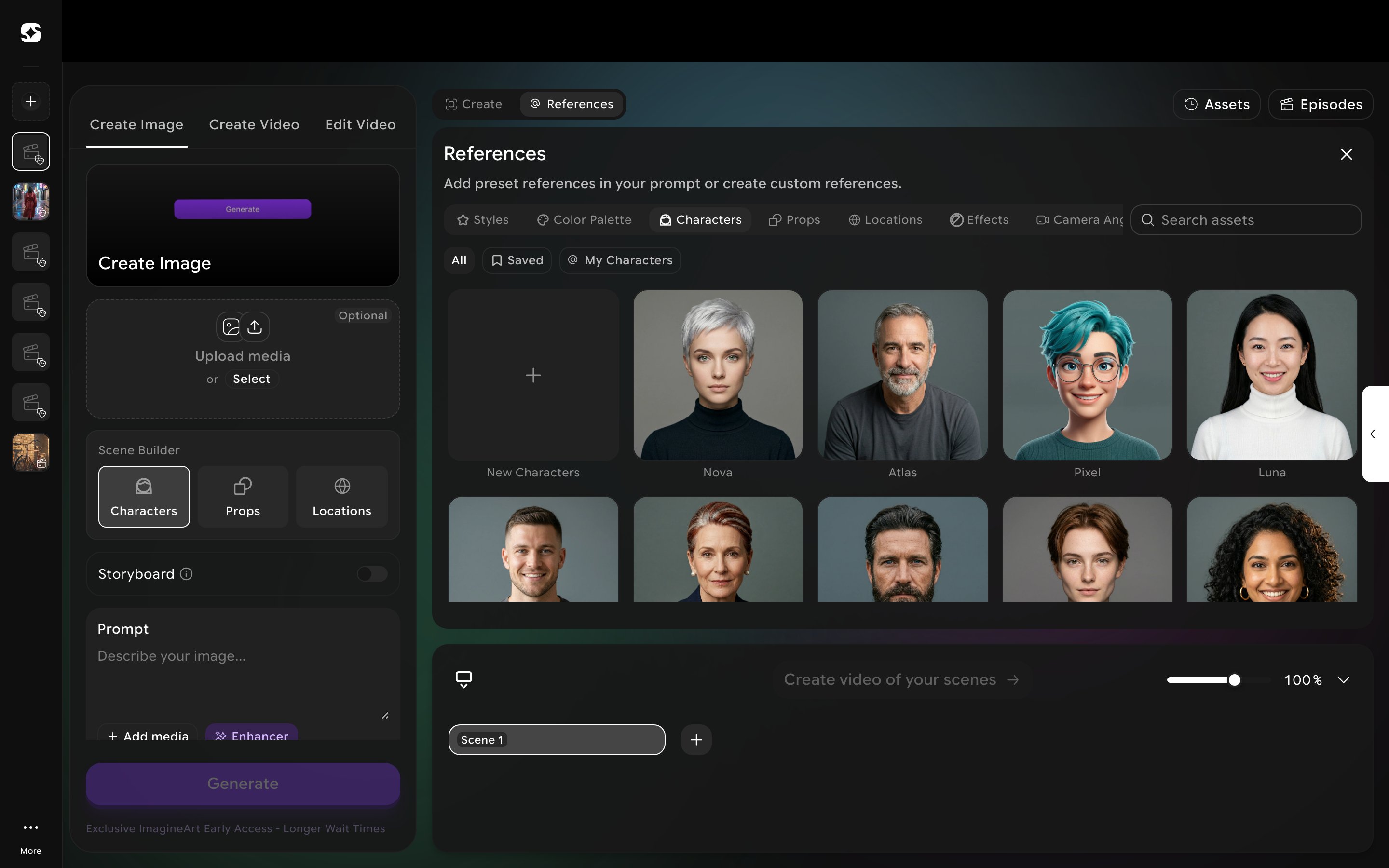 References panel Characters tab showing a preset character roster and a create-new tile