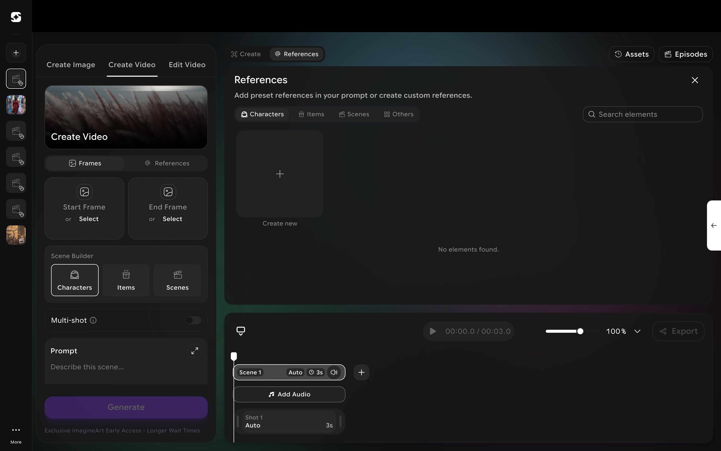 Drama Studio Create Video panel with Frames, Scene Builder, Multi-shot toggle, and a scene timeline with Auto settings