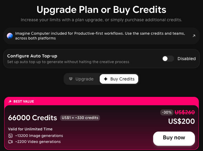 Upgrade Plan or Buy Credits window with the Configure Auto Top-up toggle, Upgrade and Buy Credits tabs, and a credit bundle with a Buy now button