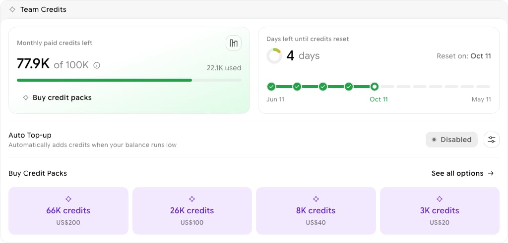 Team Credits card showing monthly paid credits left, Buy credit packs, days left until credits reset, Auto Top-up, and Buy Credit Packs options