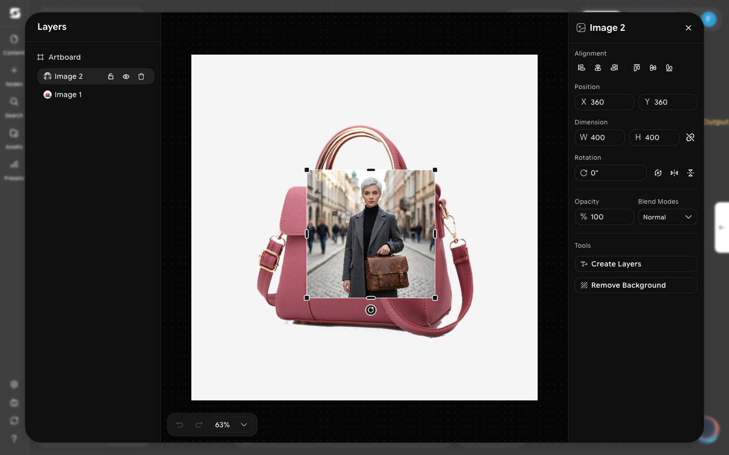 Edit Layers editor with the Layers list, artboard preview, and Image 2 settings for position, dimension, rotation, opacity, and blend mode