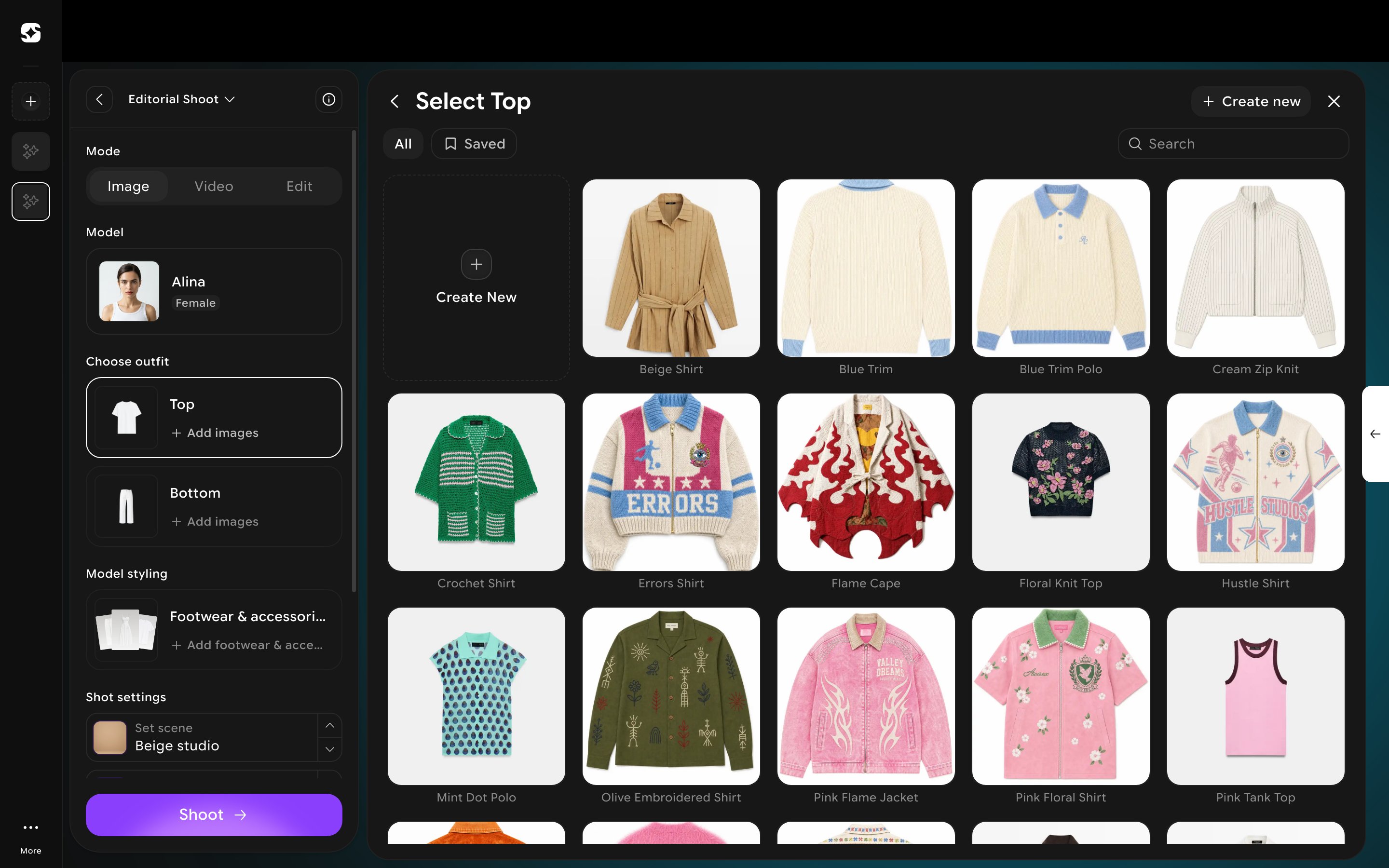 Select Top panel showing a catalog of preset garments with search