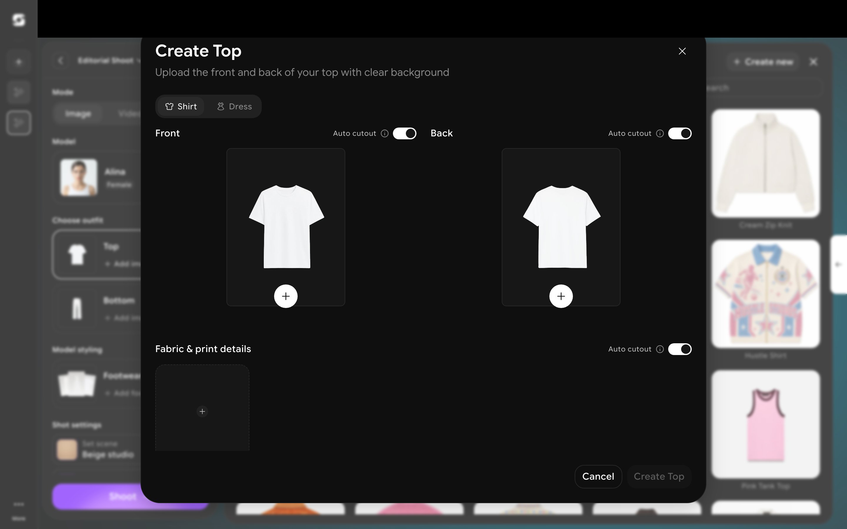 Create Top dialog with Shirt and Dress tabs, front and back photo uploads, and an Auto cutout toggle
