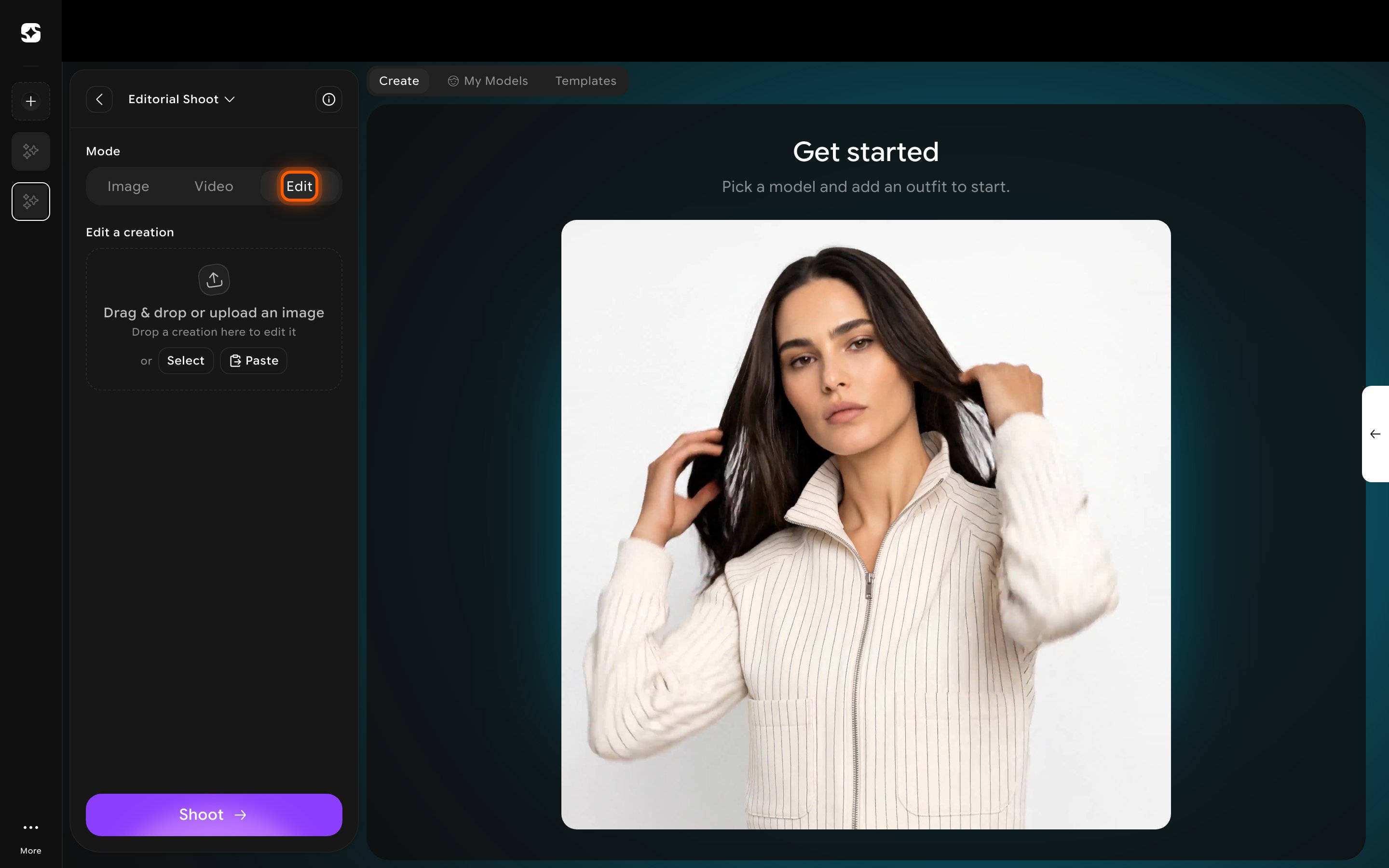 Edit mode empty state prompting you to upload or select an image to edit