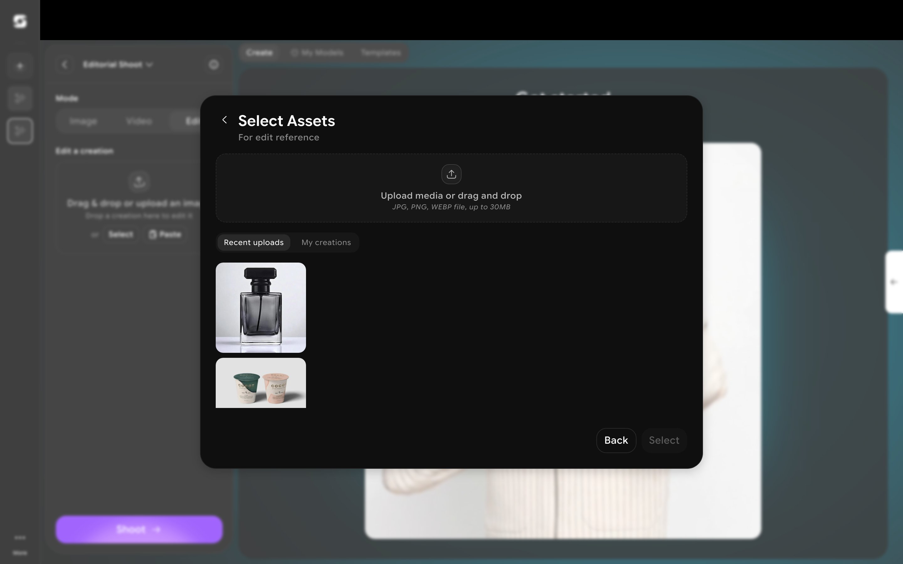 Select Assets dialog for choosing a reference image from recent uploads or past creations