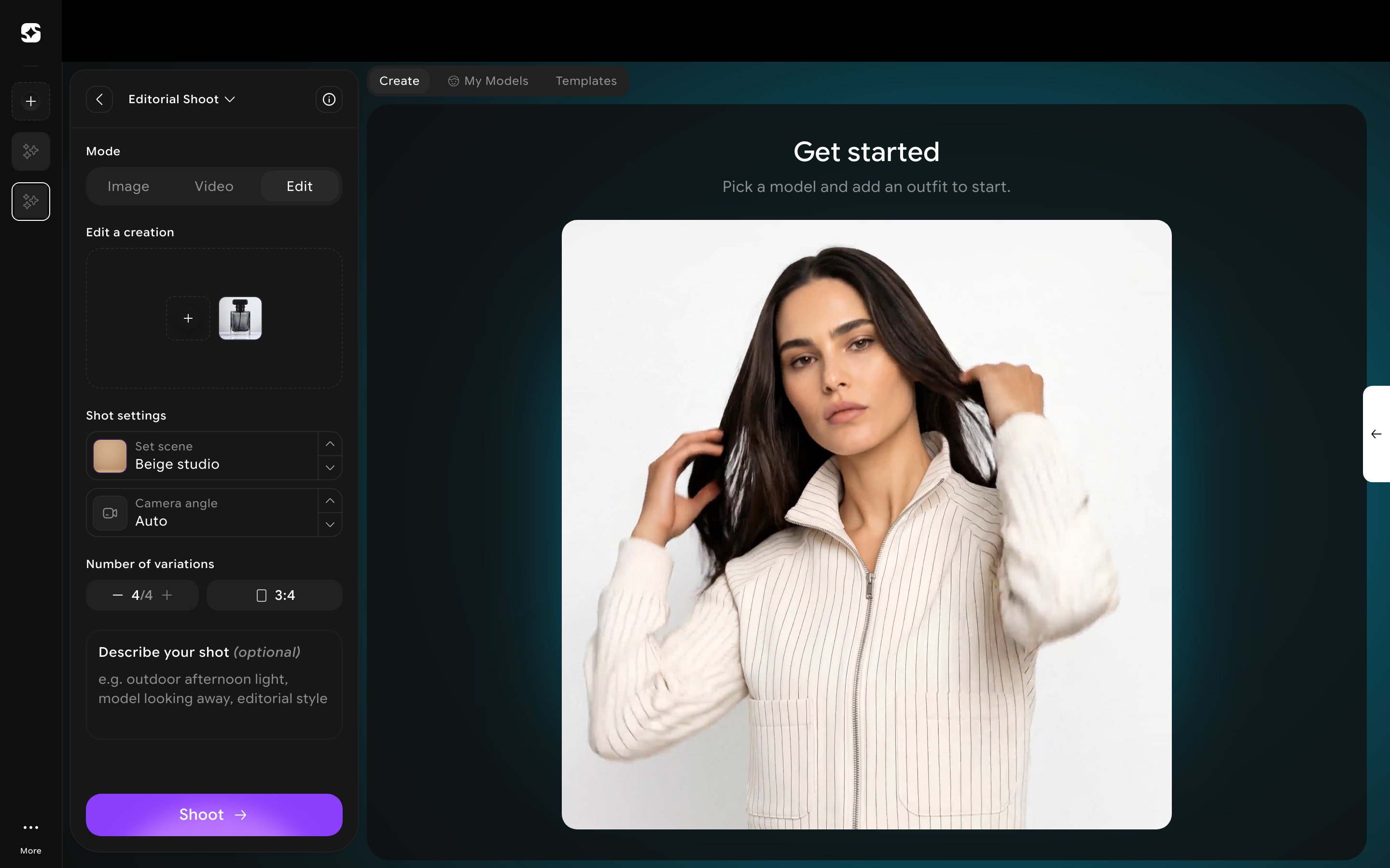 Edit mode with a reference image selected, showing Shot settings, number of variations, and a Describe your shot field
