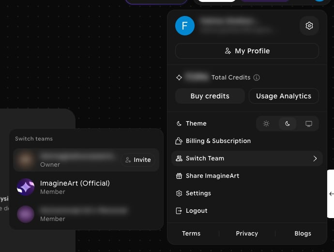Workflow editor profile menu with the Switch Team submenu open, listing teams with Owner and Member roles and an Invite button