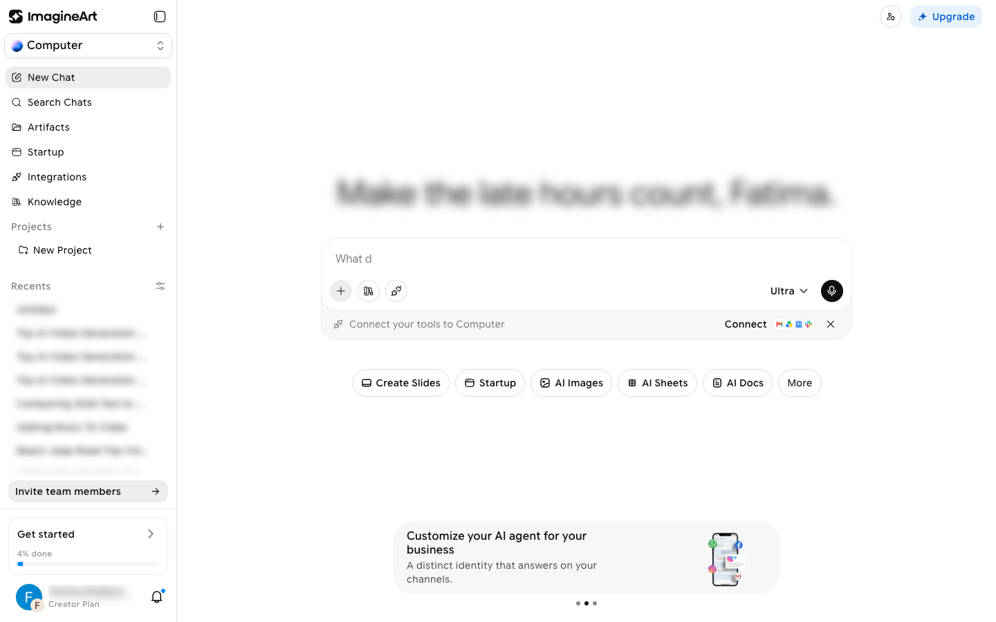 Imagine Computer chat home showing the sidebar, the prompt box with the Ultra model tier control, and the Create Slides, Startup, AI Images, AI Sheets, AI Docs, and More mode pills