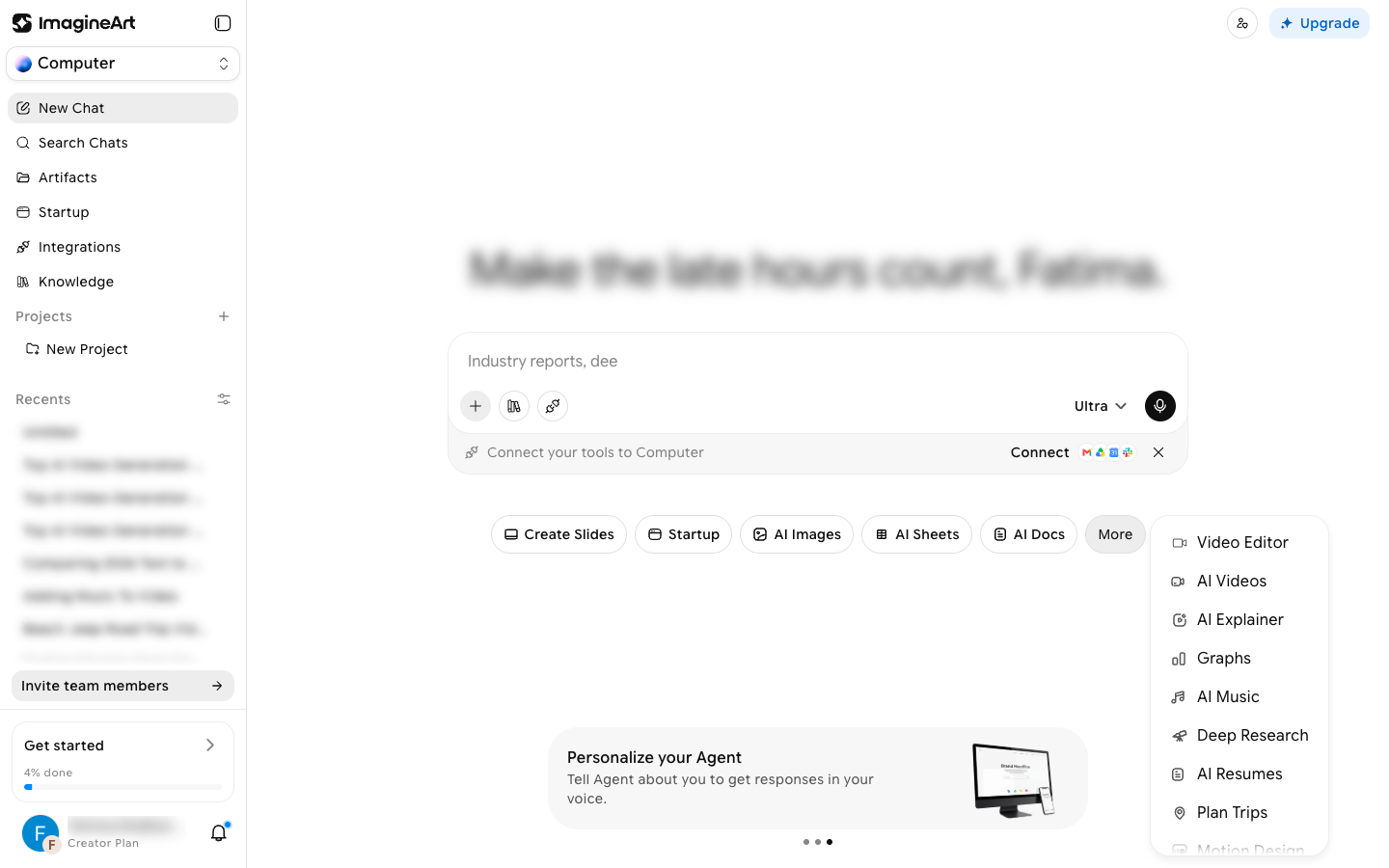 Imagine Computer home with the More menu open, listing Video Editor, AI Videos, AI Explainer, Graphs, AI Music, Deep Research, AI Resumes, Plan Trips, and Motion Design