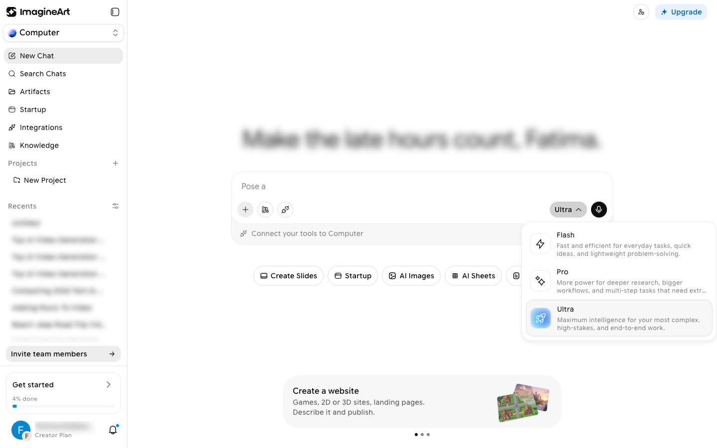 Model tier dropdown open below the prompt box, showing Flash, Pro, and Ultra with their descriptions
