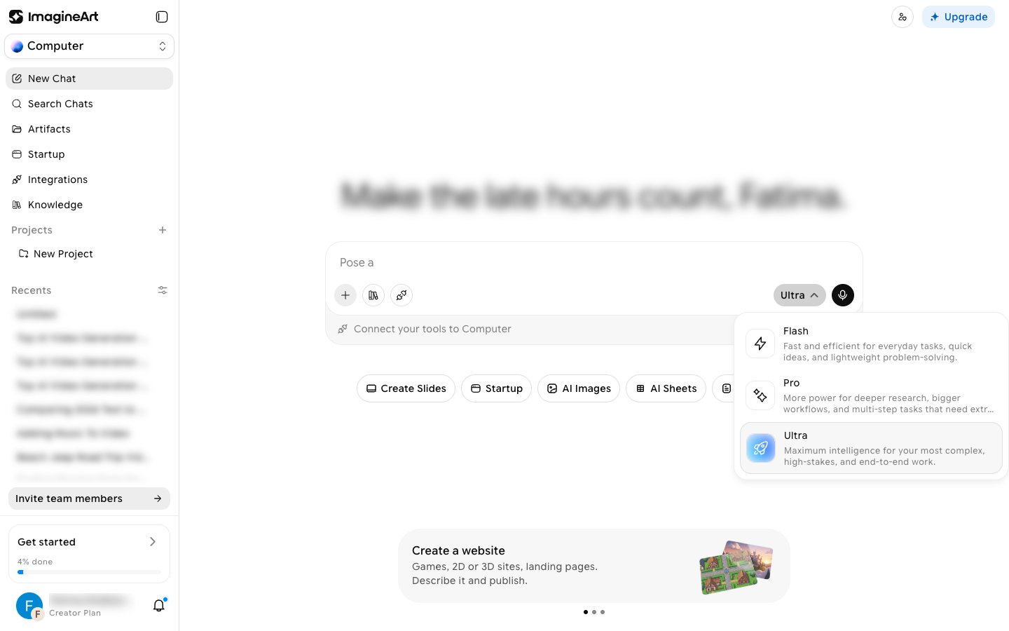 Model tier dropdown open below the prompt box, showing Flash, Pro, and Ultra with their descriptions