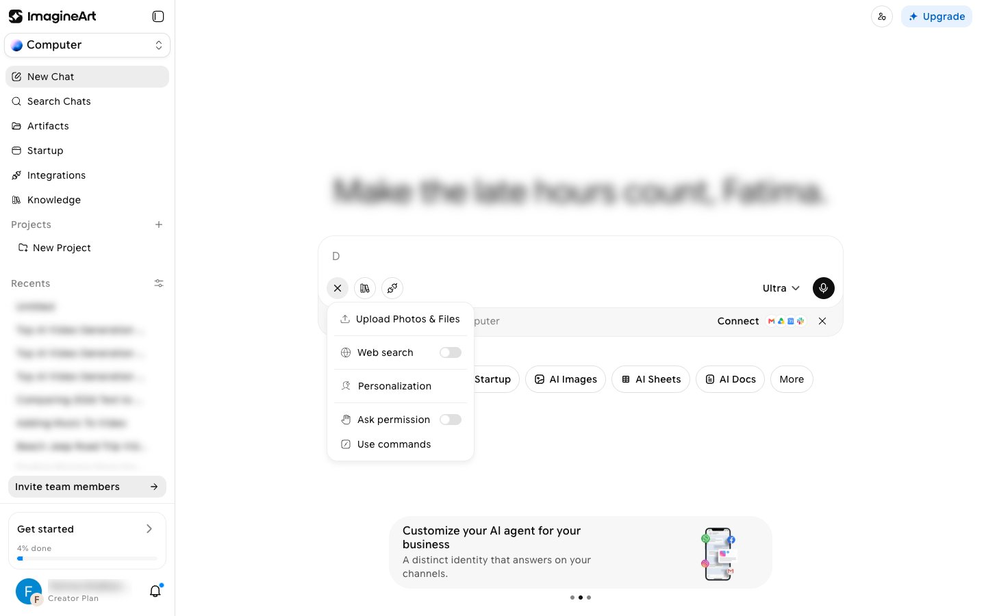 Plus menu in the prompt box showing Upload Photos & Files, Web search, Personalization, Ask permission, and Use commands