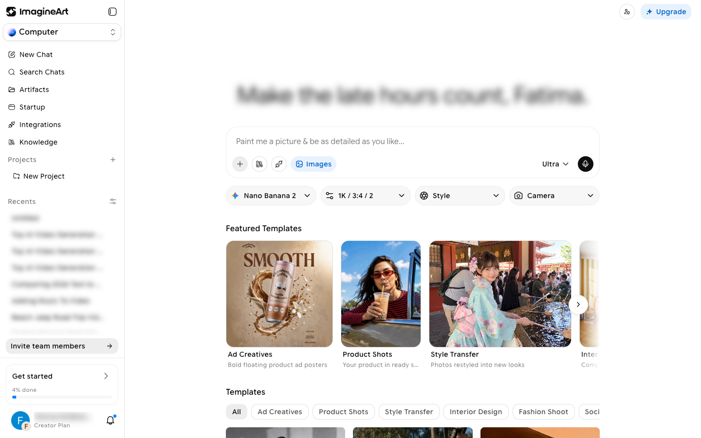 AI Images home with the Images prompt box, model, settings, Style, and Camera dropdowns, Featured Templates, and Templates category filters