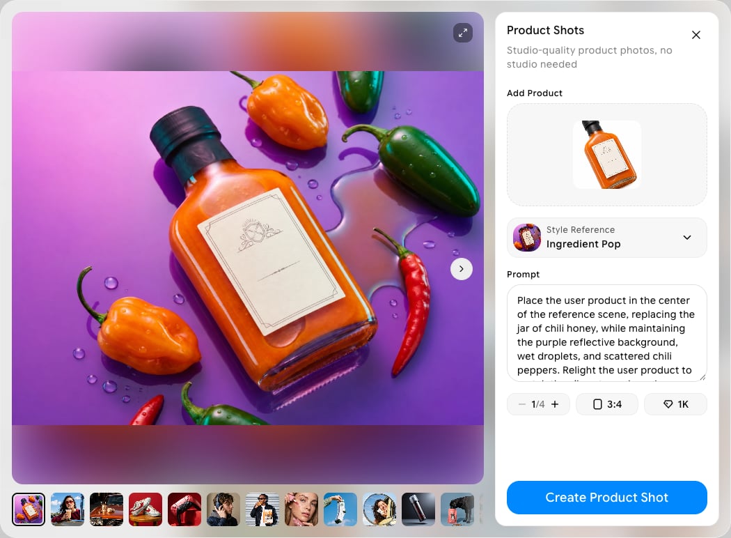 Product Shots template window with example images, Add Product upload, Style Reference dropdown, editable prompt, count, aspect ratio, and quality controls, and a Create Product Shot button