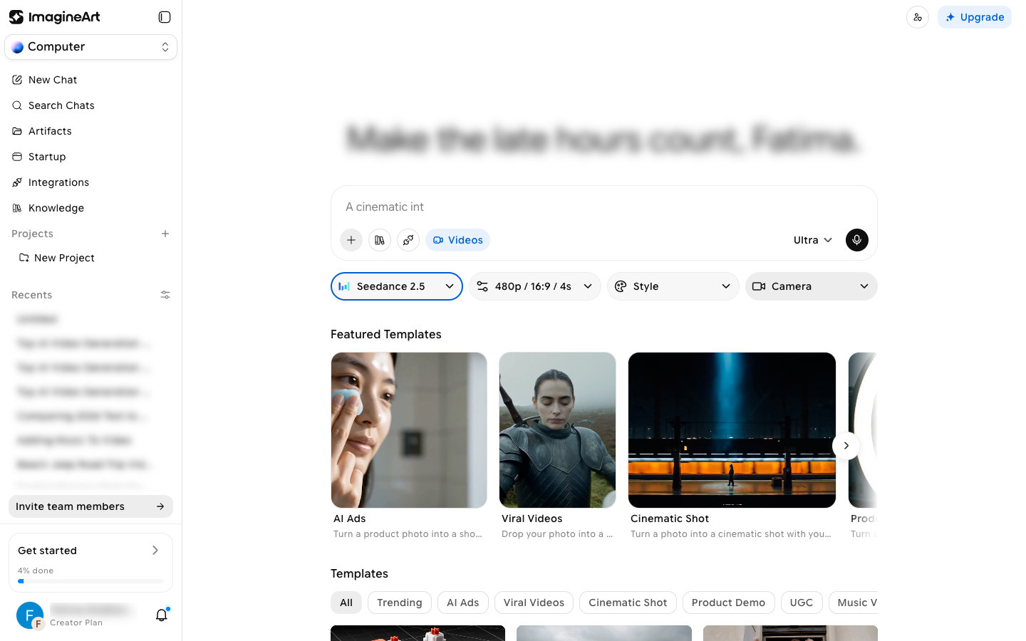 AI Videos home with the Videos prompt box, Seedance 2.5 model, 480p / 16:9 / 4s settings, Style and Camera dropdowns, Featured Templates, and Templates category filters