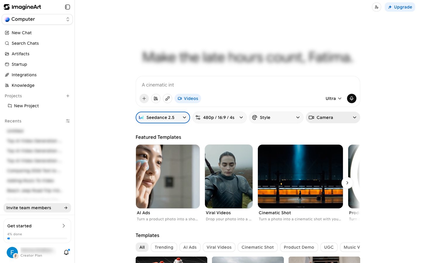 AI Videos home with the Videos prompt box, Seedance 2.5 model, 480p / 16:9 / 4s settings, Style and Camera dropdowns, Featured Templates, and Templates category filters