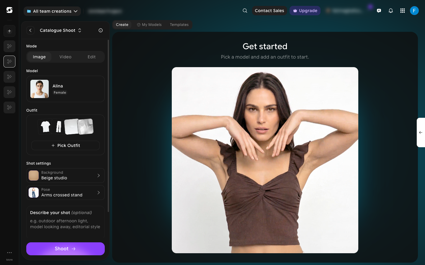 Catalogue Shoot editor with Mode, Model, Outfit, Shot settings, and Describe your shot in the left panel