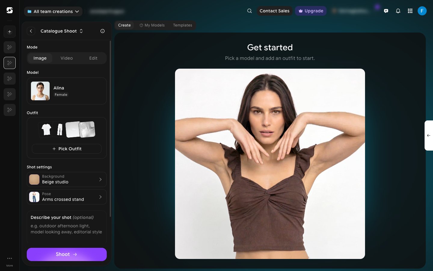 Catalogue Shoot editor with Mode, Model, Outfit, Shot settings, and Describe your shot in the left panel