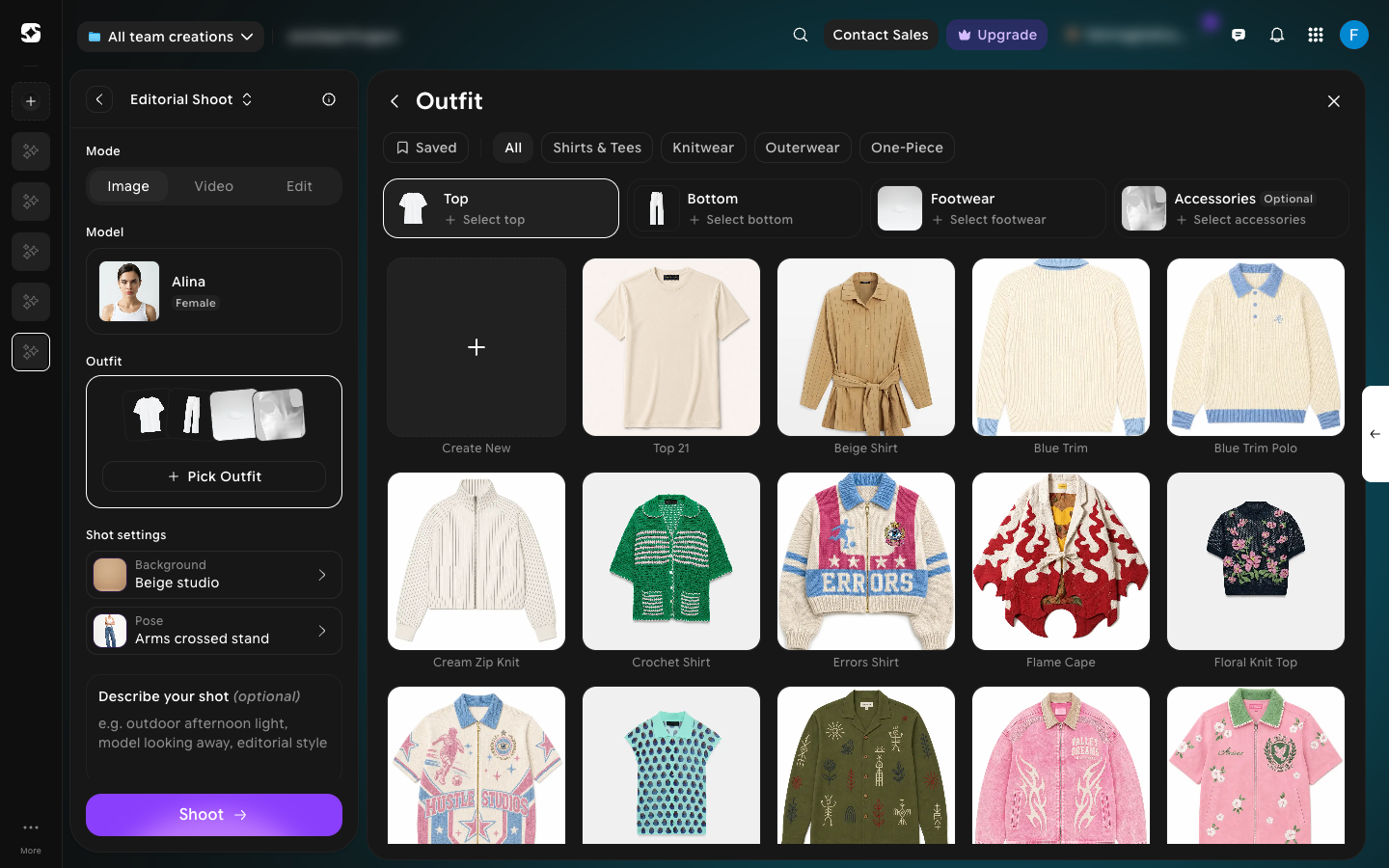 Outfit panel with Top, Bottom, Footwear, and Accessories slots, category filters, and a catalog of preset tops