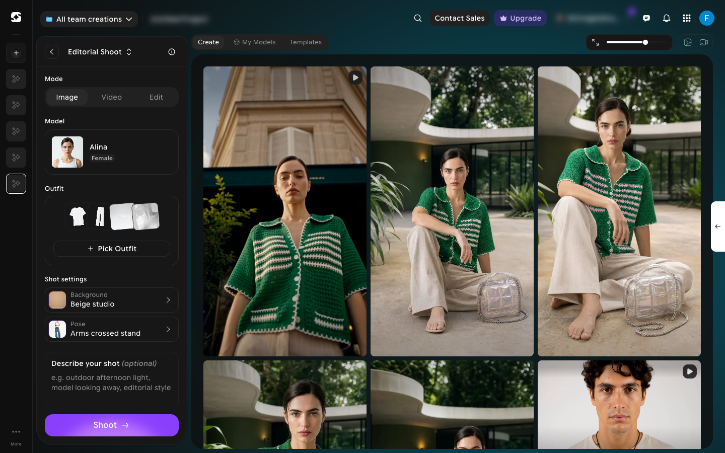 Editorial Shoot editor with Mode, Model, Outfit, Shot settings, and Describe your shot in the left panel, and Create, My Models, and Templates tabs above the results grid