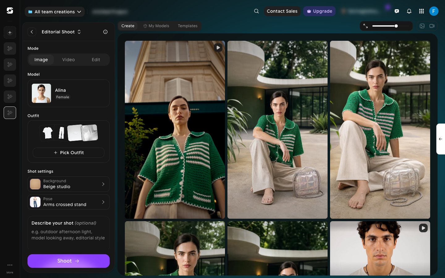 Editorial Shoot editor with Mode, Model, Outfit, Shot settings, and Describe your shot in the left panel, and Create, My Models, and Templates tabs above the results grid