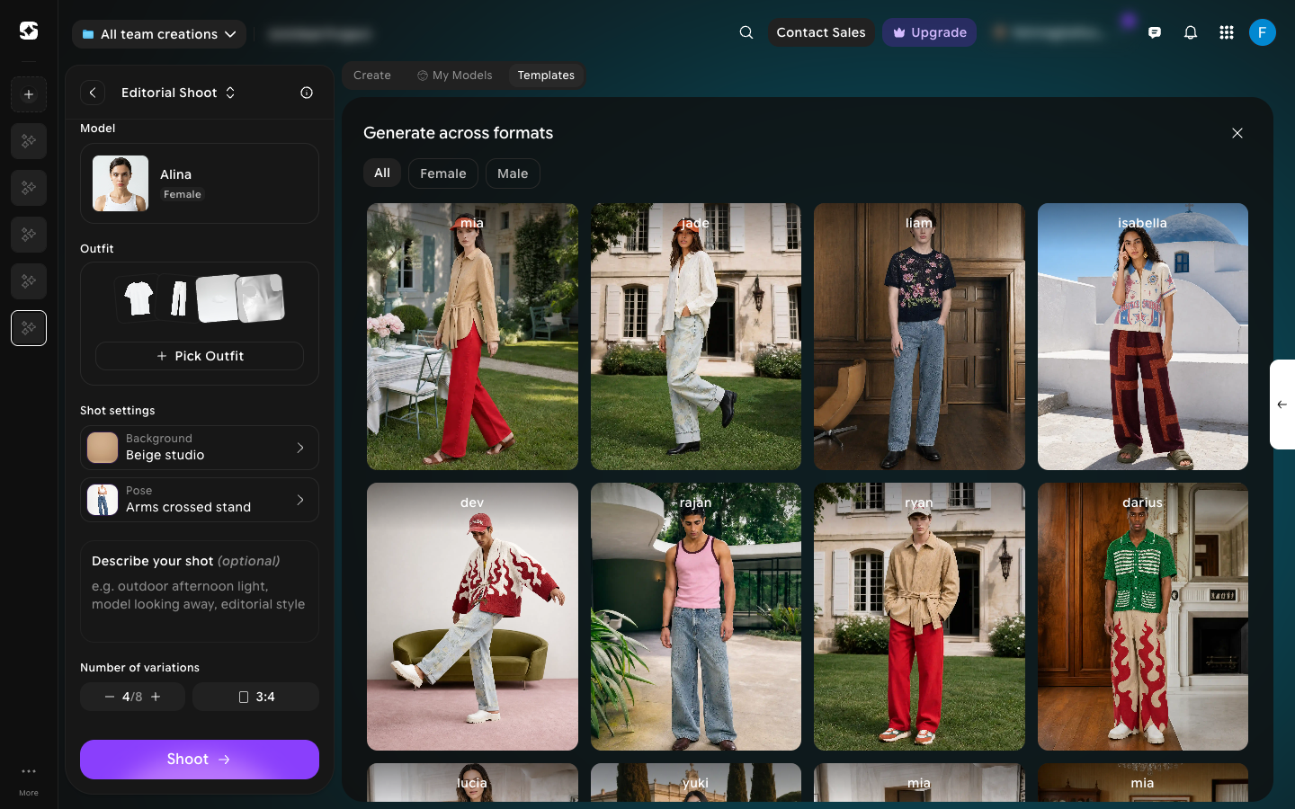 Templates tab showing the Generate across formats gallery with All, Female, and Male filters