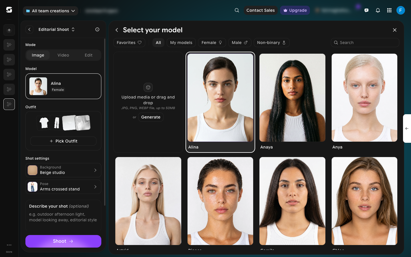 Select your model panel showing preset models with Favorites, All, My models, Female, Male, and Non-binary filters plus search
