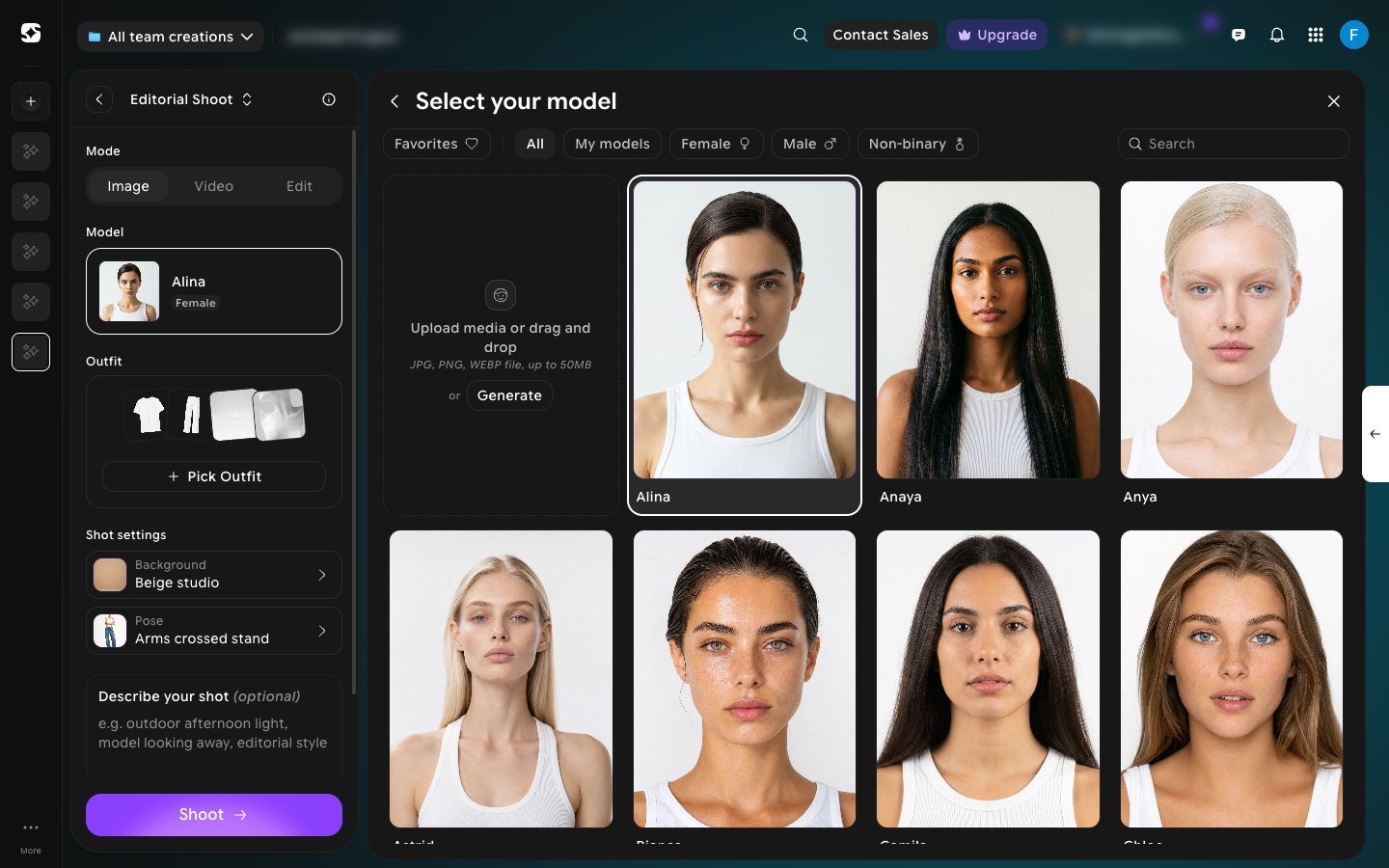 Select your model panel showing preset models with Favorites, All, My models, Female, Male, and Non-binary filters plus search