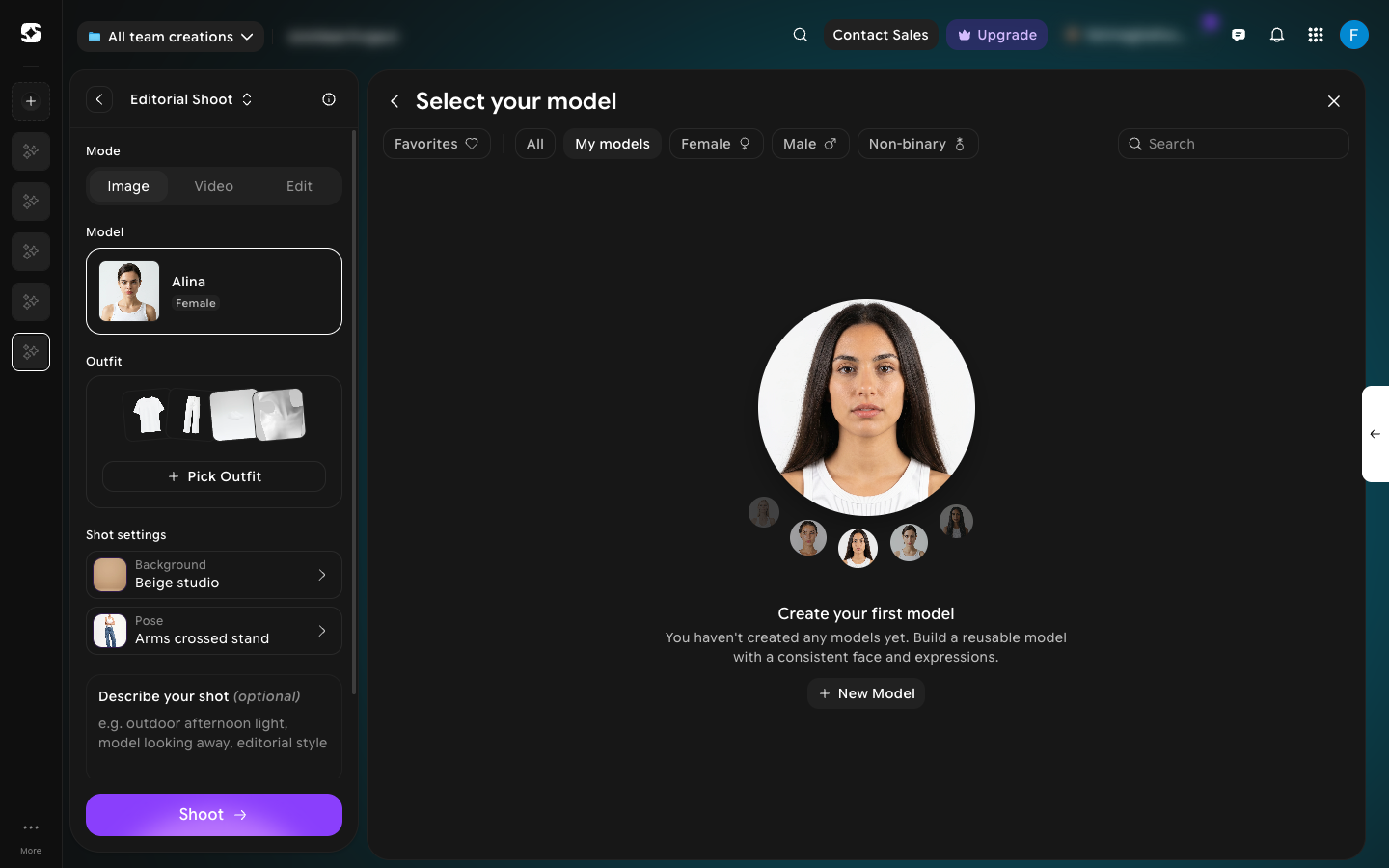 My models filter showing the Create your first model empty state with a New Model button