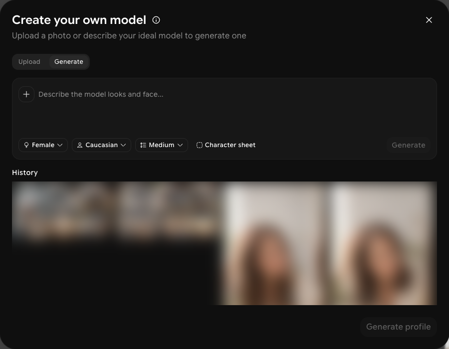 Create your own model dialog on the Generate tab with a description box, Female, Caucasian, Medium, and Character sheet options, and a History row