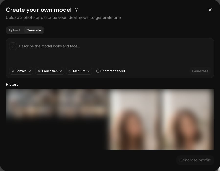 Create your own model dialog on the Generate tab with a description box, Female, Caucasian, Medium, and Character sheet options, and a History row