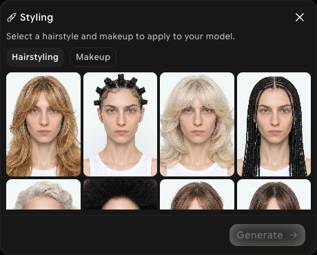 Styling dialog with Hairstyling and Makeup tabs and a grid of hairstyle options