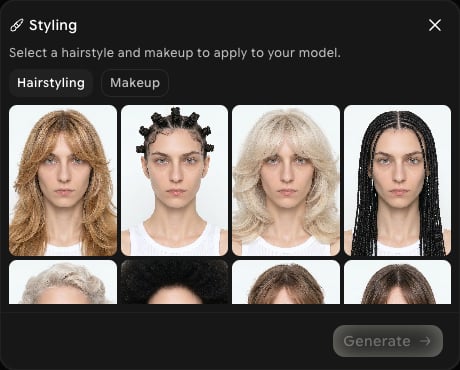 Styling dialog with Hairstyling and Makeup tabs and a grid of hairstyle options