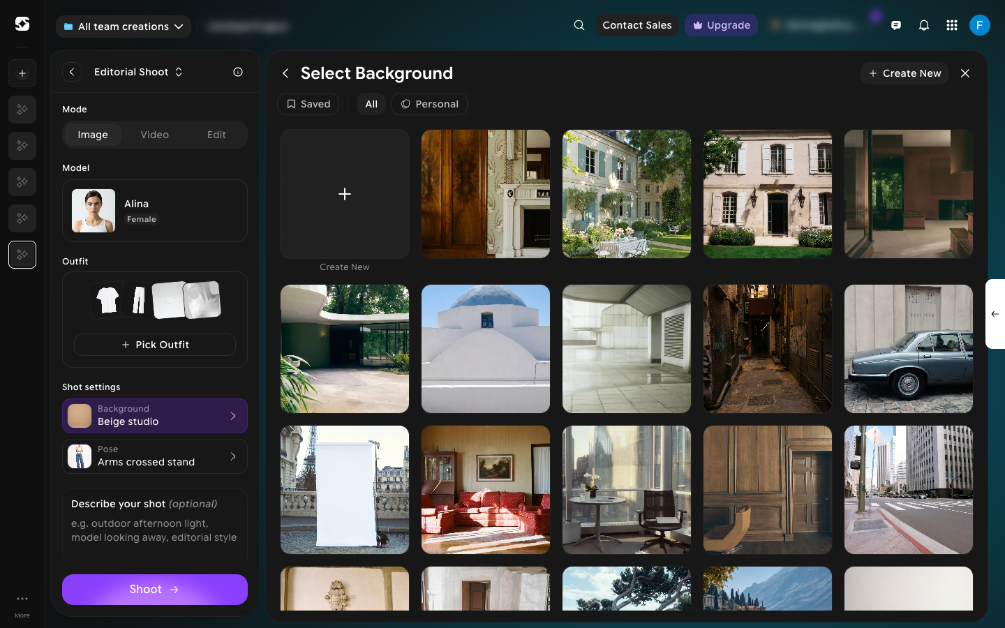 Select Background panel showing a catalog of preset studio and location backgrounds with Saved, All, and Personal filters