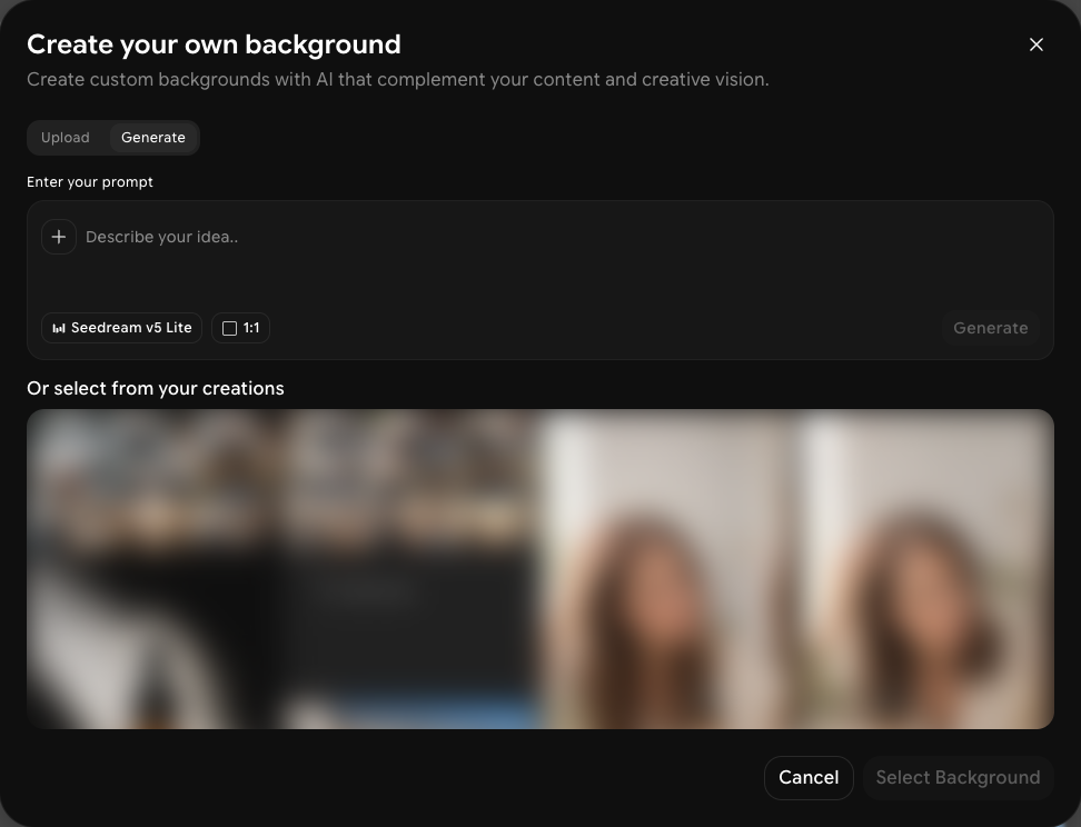 Create your own background dialog on the Generate tab, with a prompt box, model and aspect ratio selectors, and a grid of your creations below