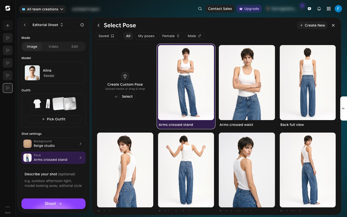 Select Pose panel showing a catalog of preset poses filterable by Saved, All, My poses, Female, and Male