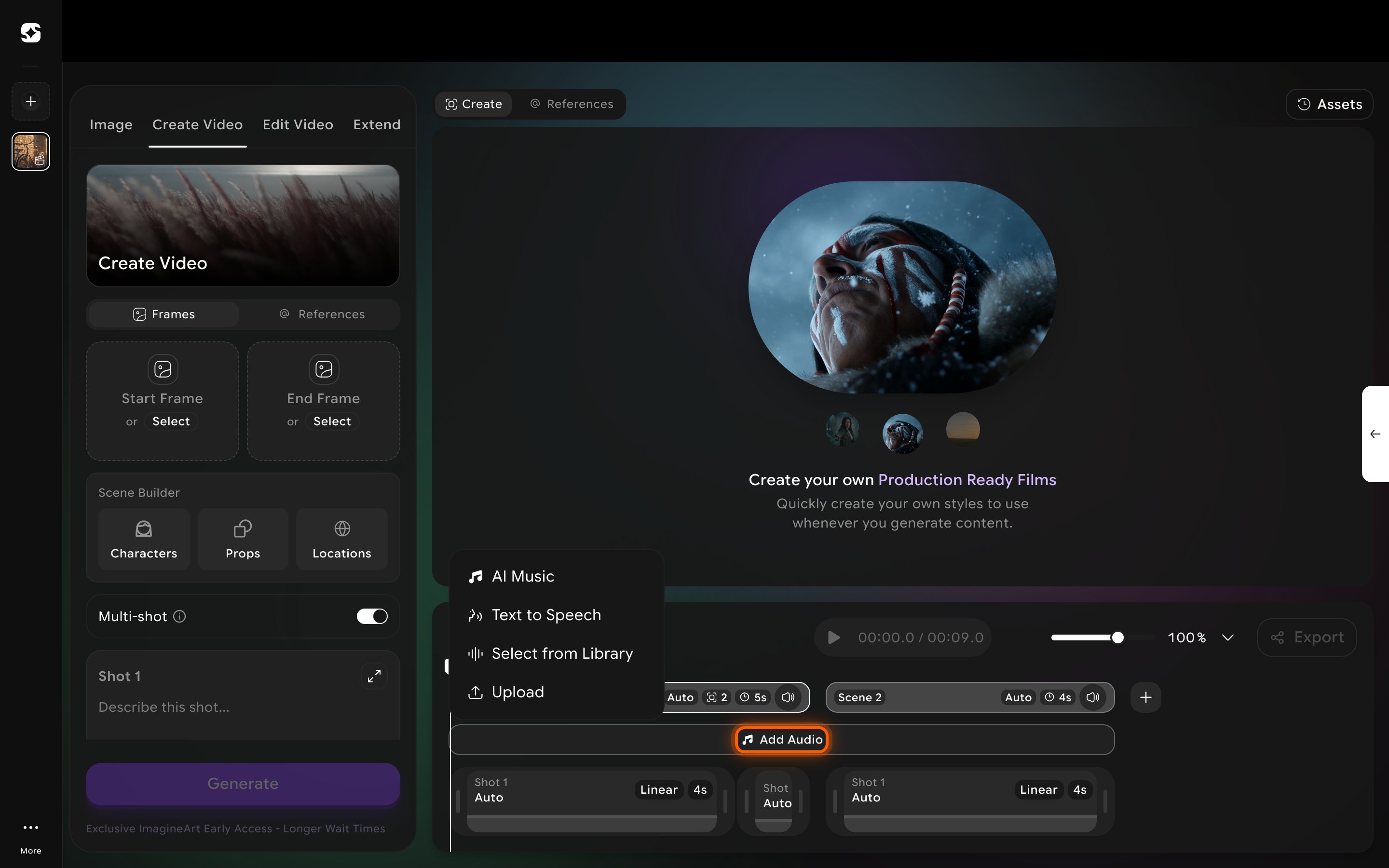 Add Audio menu with AI Music, Text to Speech, Select from Library, and Upload options