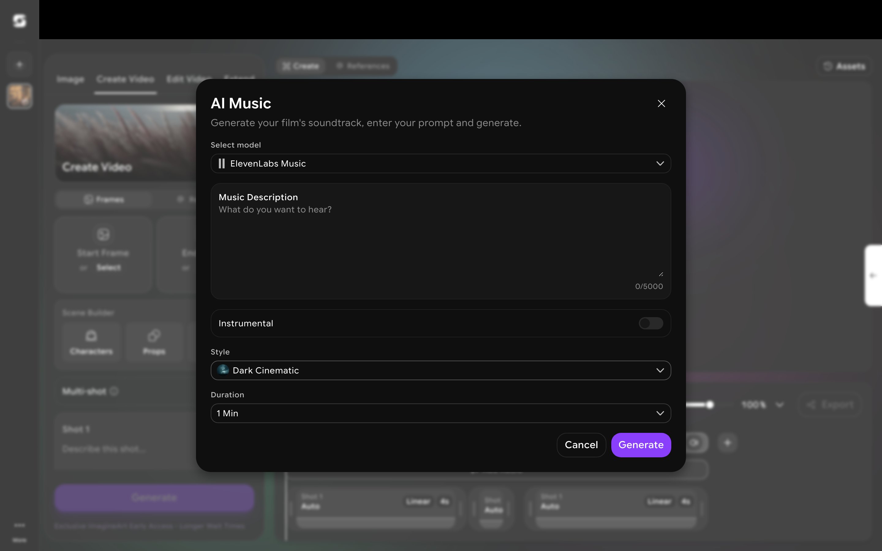 AI Music dialog with a music description field, instrumental toggle, style preset, and duration