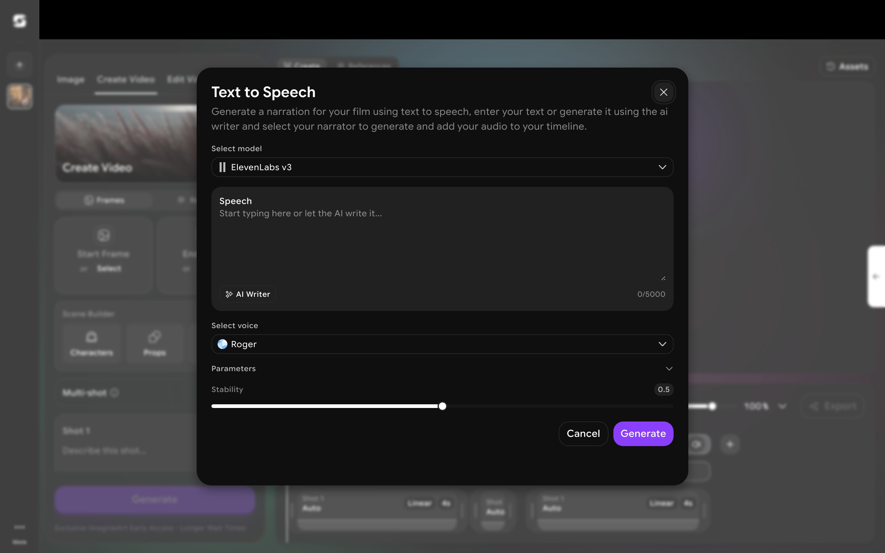 Text to Speech dialog with a speech textbox, AI Writer assist, voice picker, and stability parameter