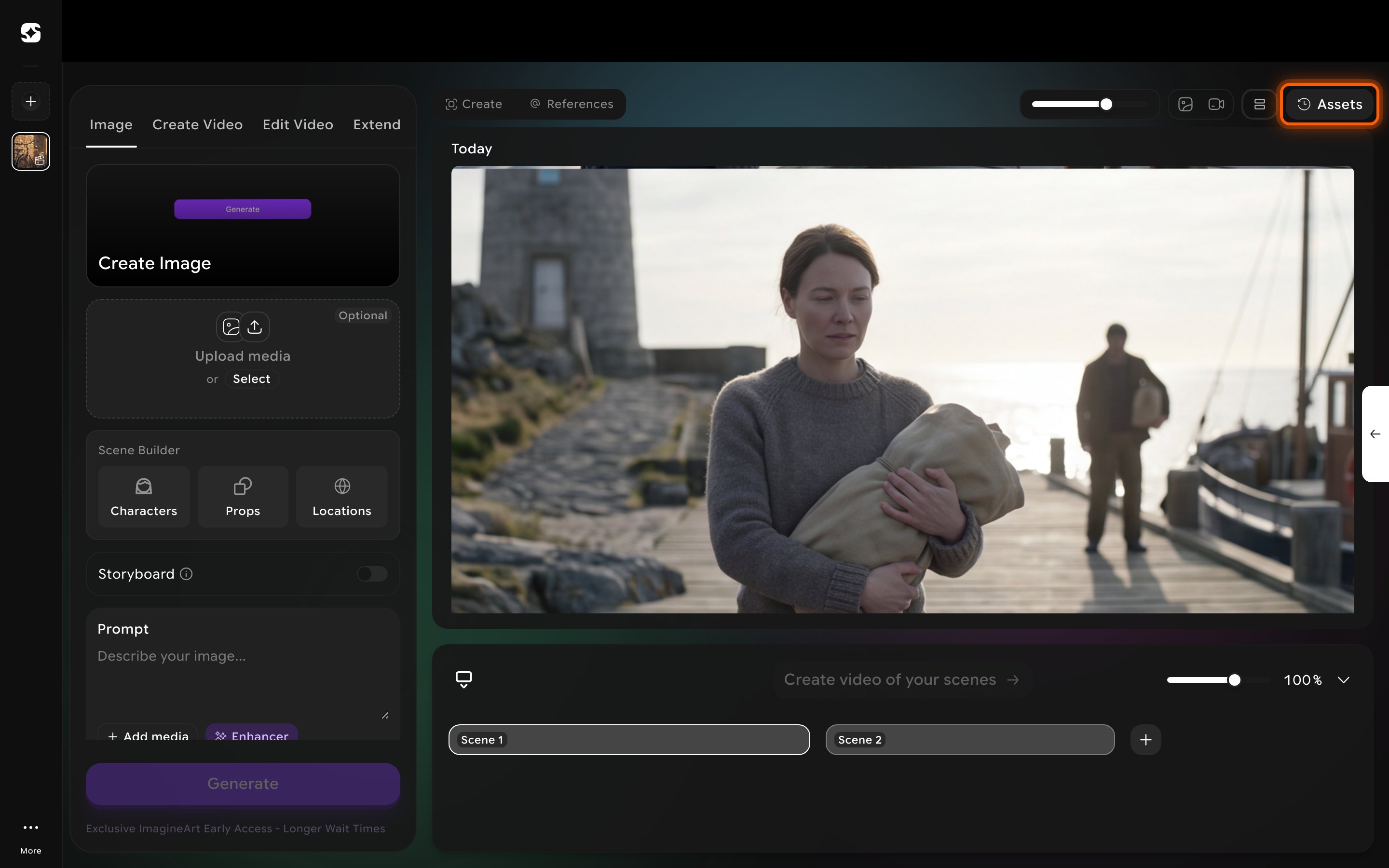 Assets panel showing a date-grouped feed of every image and video generated in this project