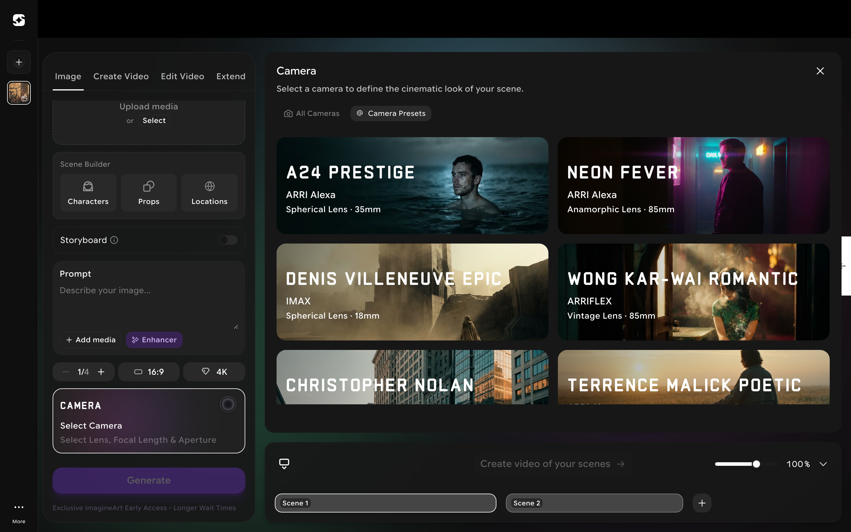 Camera Presets tab showing named director/film-style looks that bundle camera, lens, focal length, and aperture