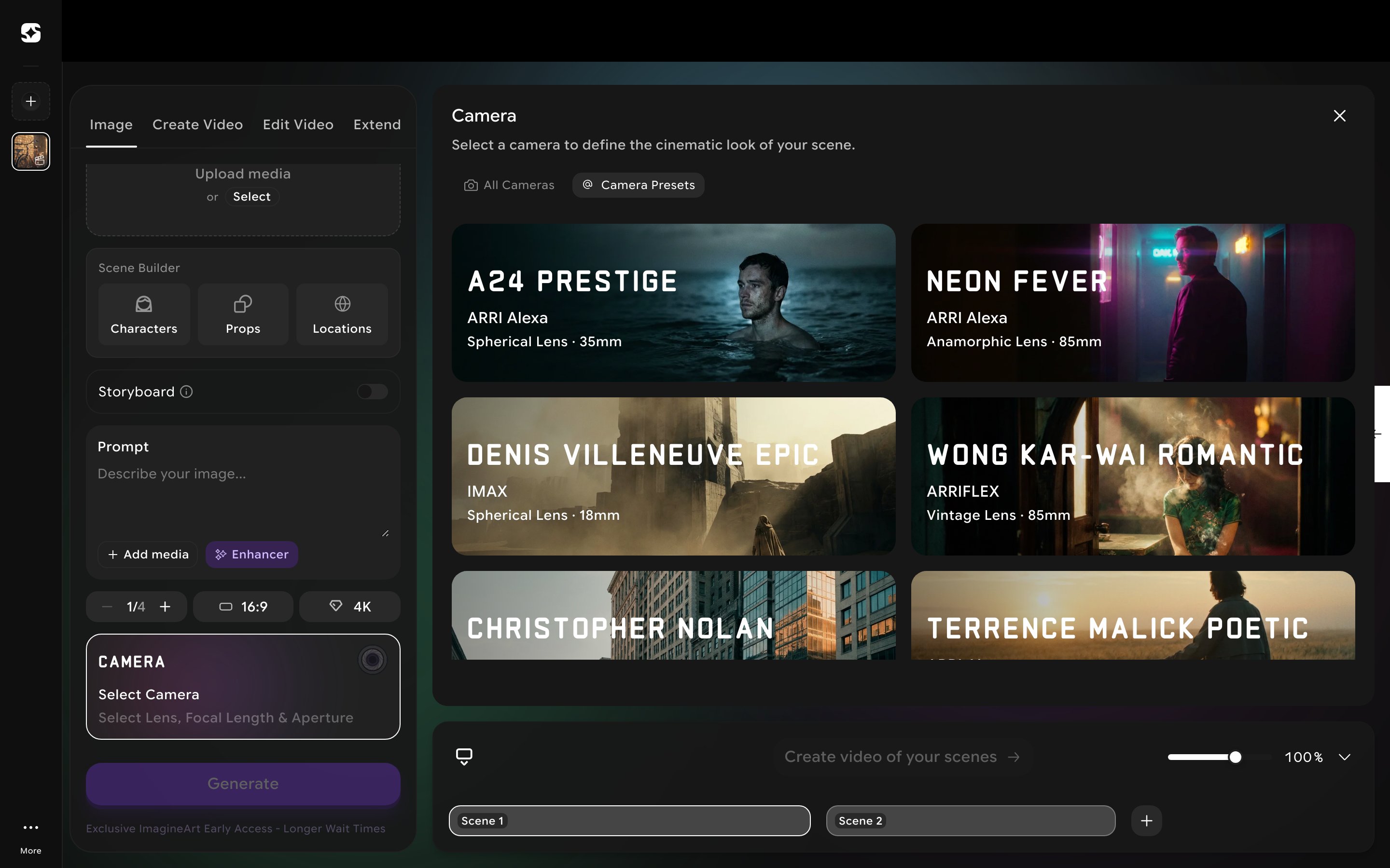 Camera Presets tab showing named director/film-style looks that bundle camera, lens, focal length, and aperture