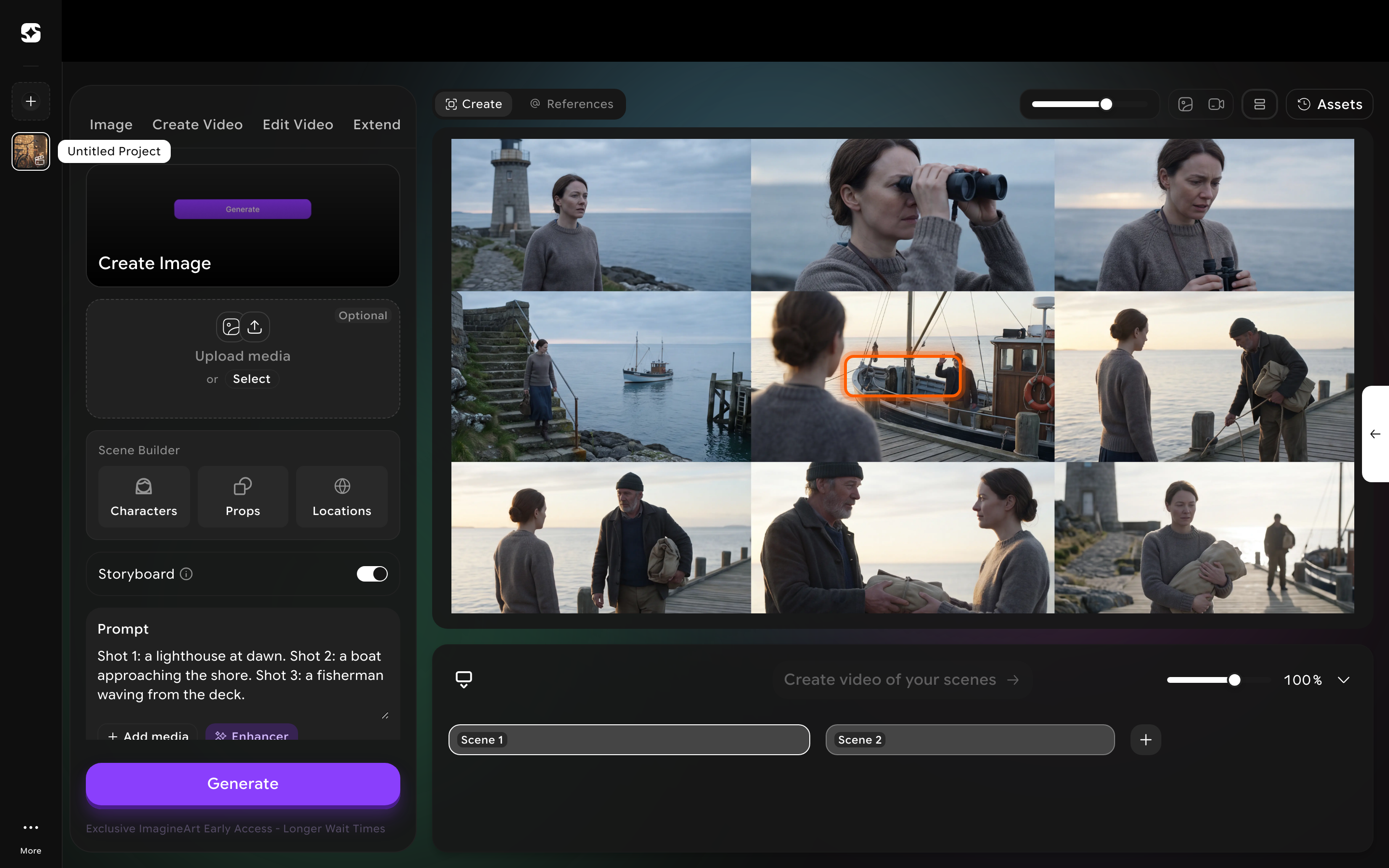 Storyboard result shown as one contact-sheet grid image, with the Split grid action revealed on hover
