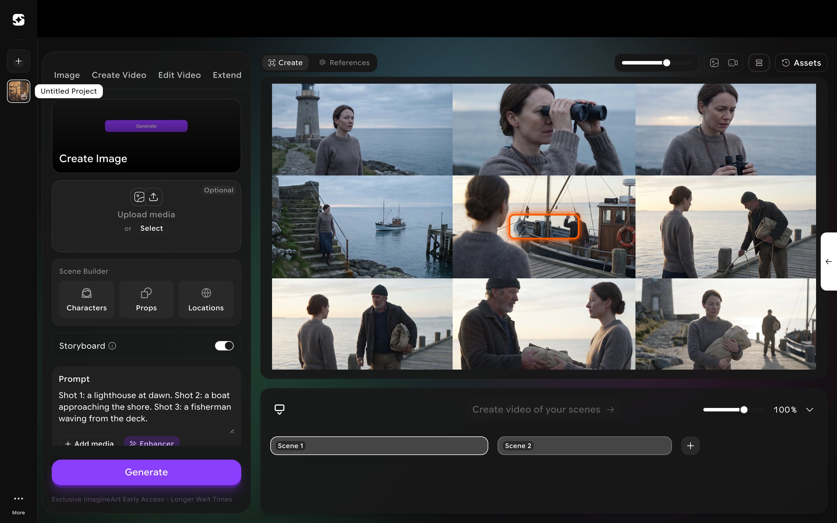 Storyboard result shown as one contact-sheet grid image, with the Split grid action revealed on hover
